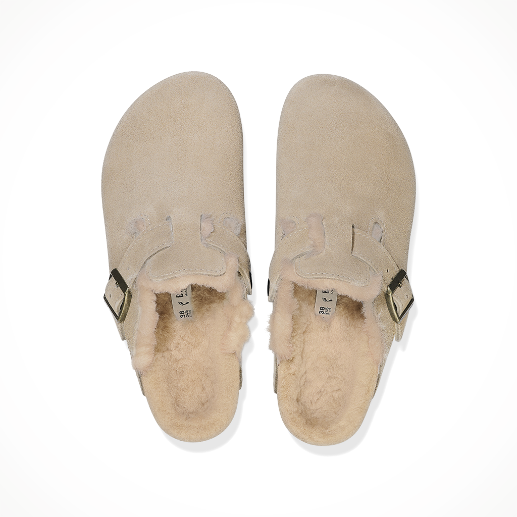 Product image: Birkenstock Boston Shearling Stone womens 2025, shown from above.