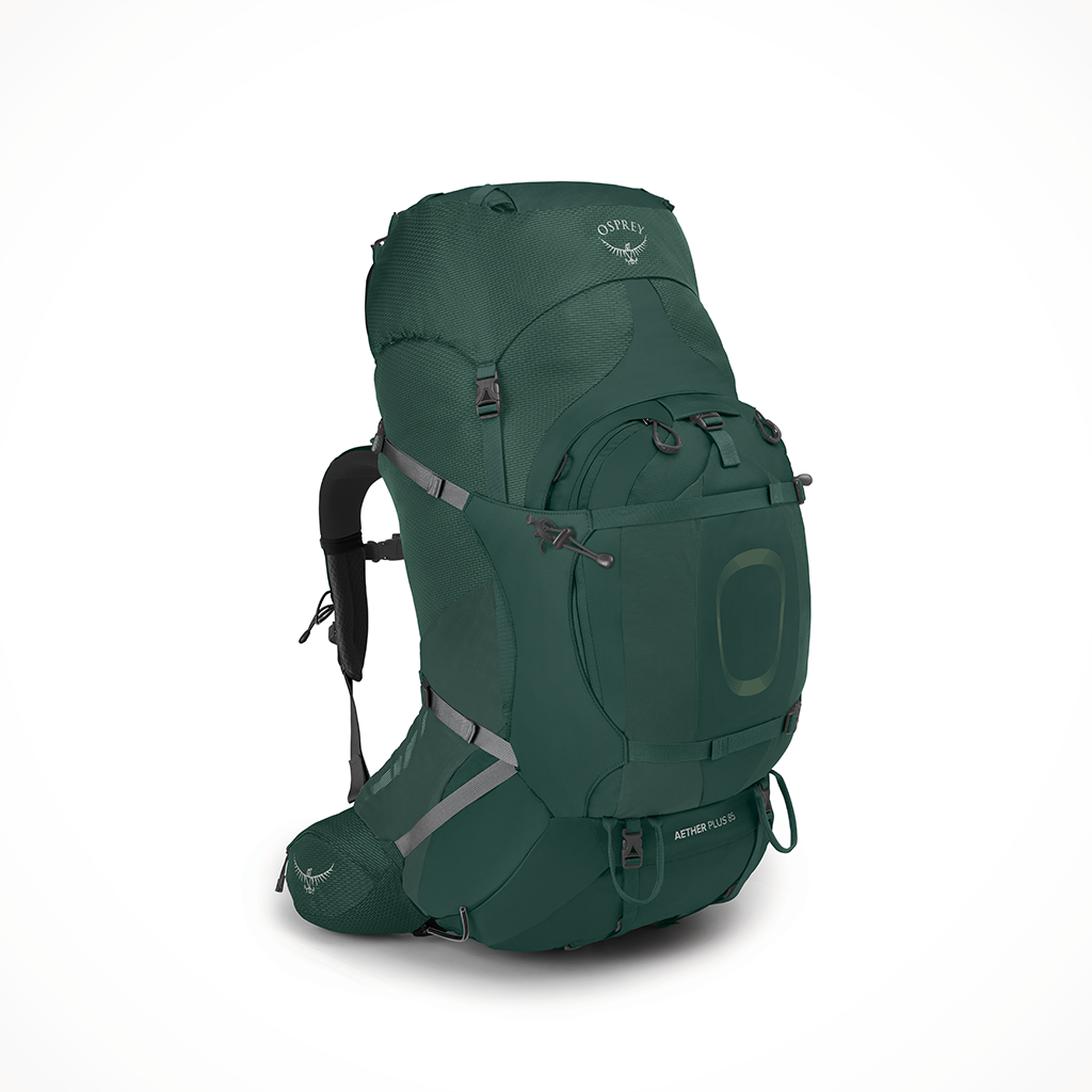 Product image: Camping Backpacks Mens Osprey Aether Plus 85 Axo Green, shown from a three-quarter angled view.