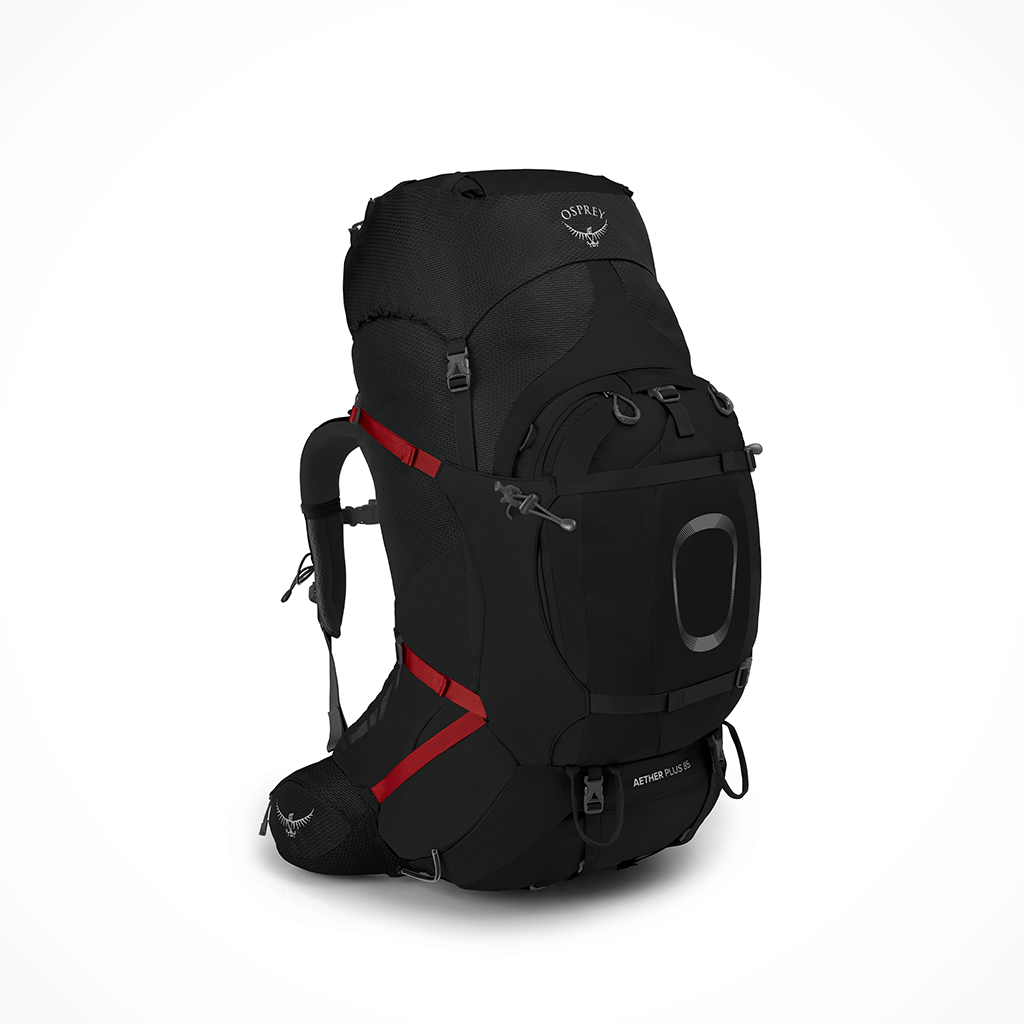 Product image: Camping Backpacks Mens Osprey Aether Plus 85 Black, shown from a three-quarter angled view.