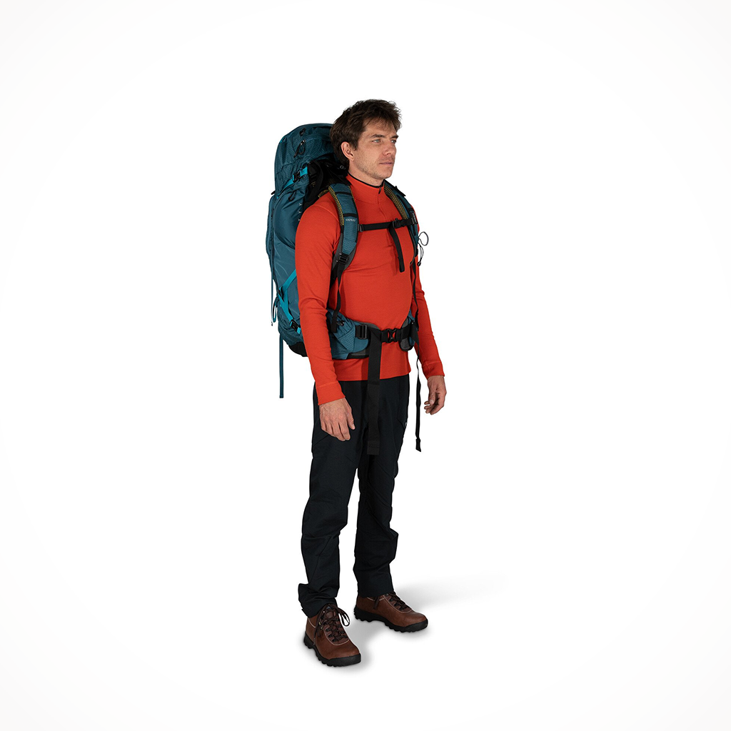 Camping Backpacks Mens Osprey Atoms AG 65 Venturi Blue Model Front