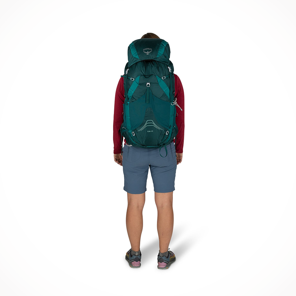 Product image: Camping Backpacks Womens Osprey Eja 48 Deep Teal Model, shown from the back.