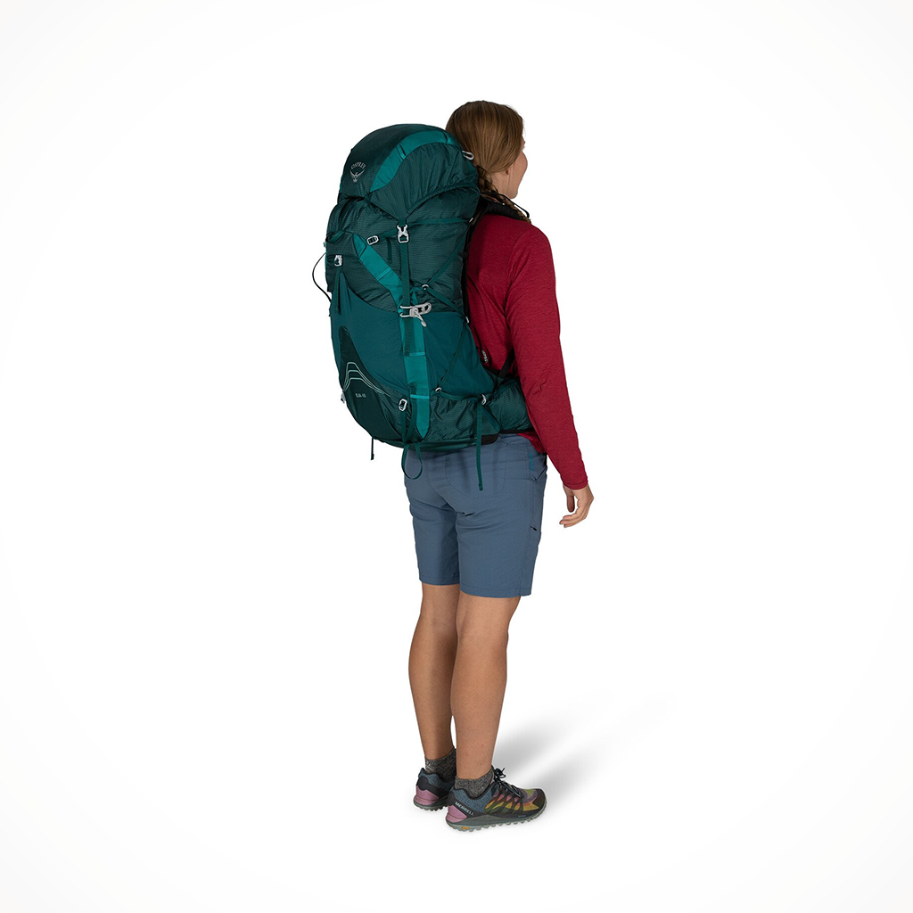 Product image: Camping Backpacks Womens Osprey Eja 48 Deep Teal Model, side profile view.