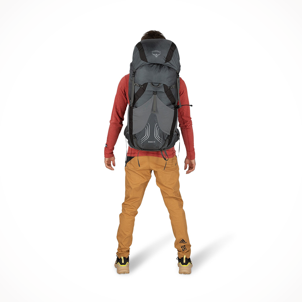 Camping Backpacks Womens Osprey Exos 48 Tungsten Grey Model Back