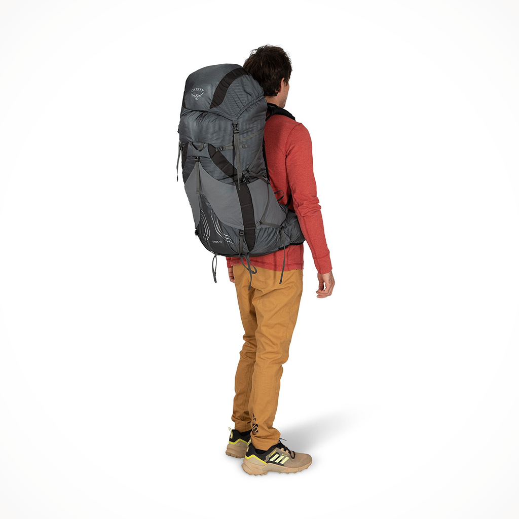 Camping Backpacks Womens Osprey Exos 48 Tungsten Grey Model Rear Side