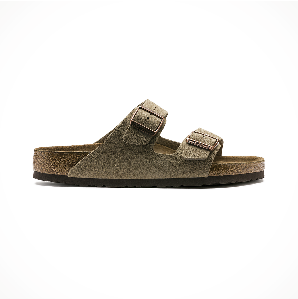 Product image: Footwear Birkenstock Mens Arizona Soft Footbed Suede Leather Taupe, side profile view.