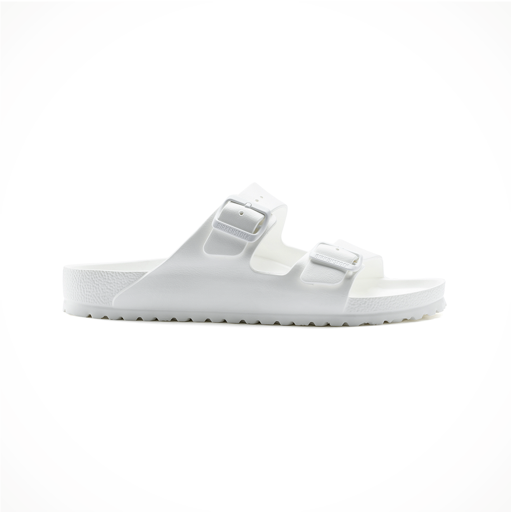 Product image: Footwear Birkenstock Womens Arizona Essentials EVA Metallic White, side profile view.