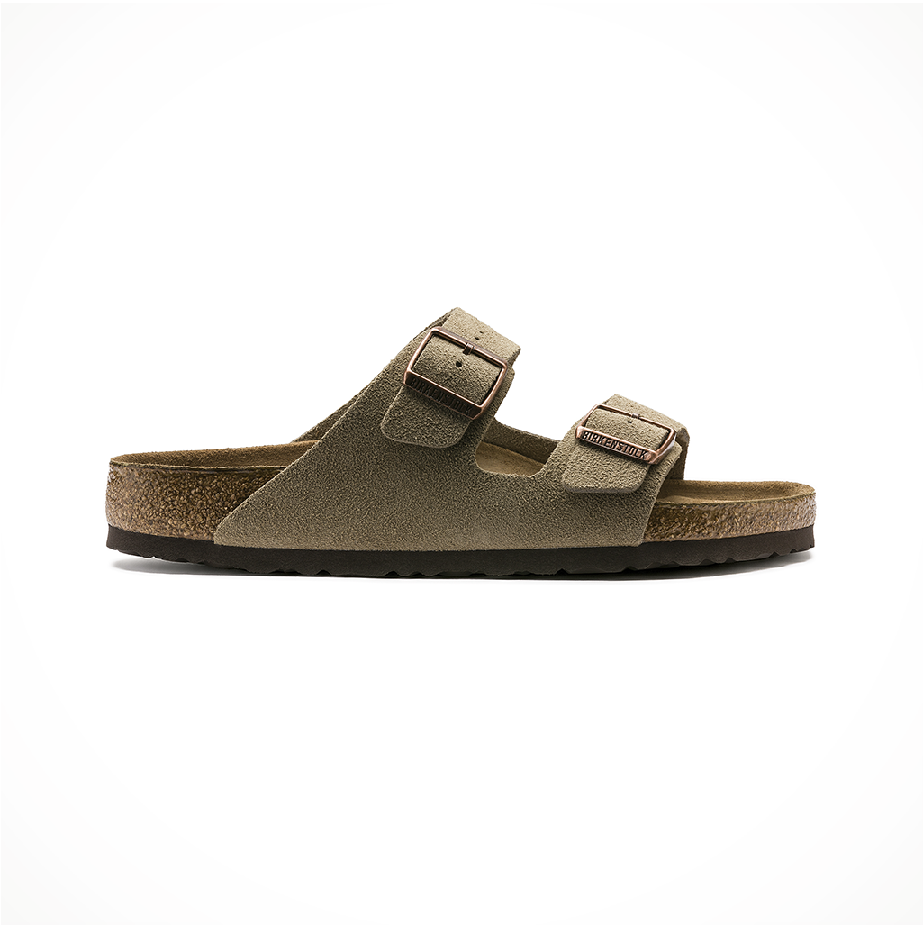 Product image: Footwear Birkenstock Womens Arizona Soft Footbed Suede Leather Taupe, side profile view.