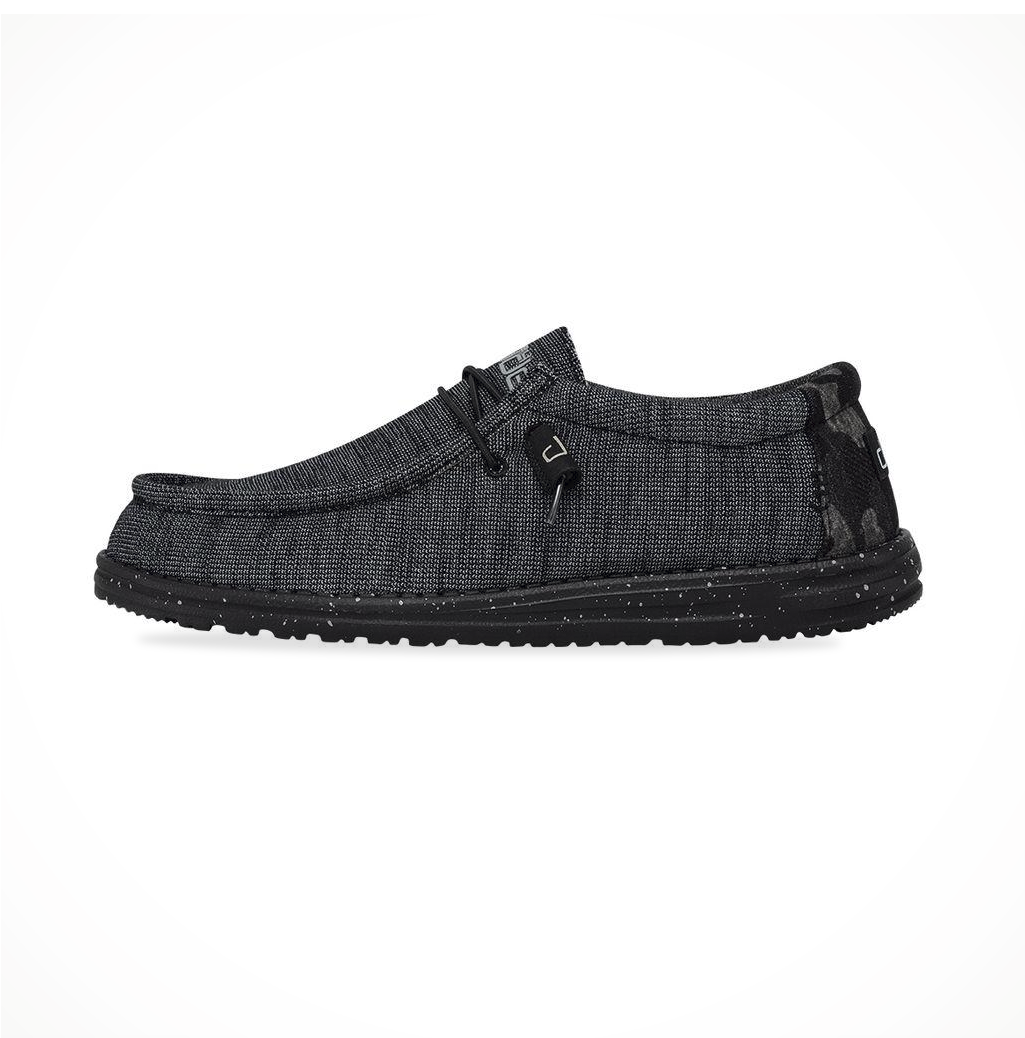 Product image: Footwear Hey Dude Mens Wally Stretch Midnight Bunker, side profile view.