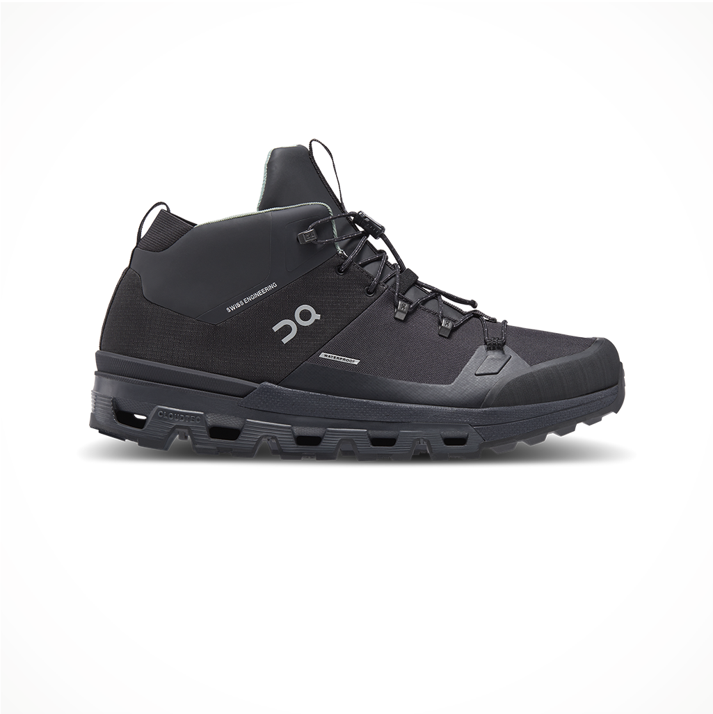 Product image: Footwear On Mens Cloudtrax Waterproof Black, side profile view.