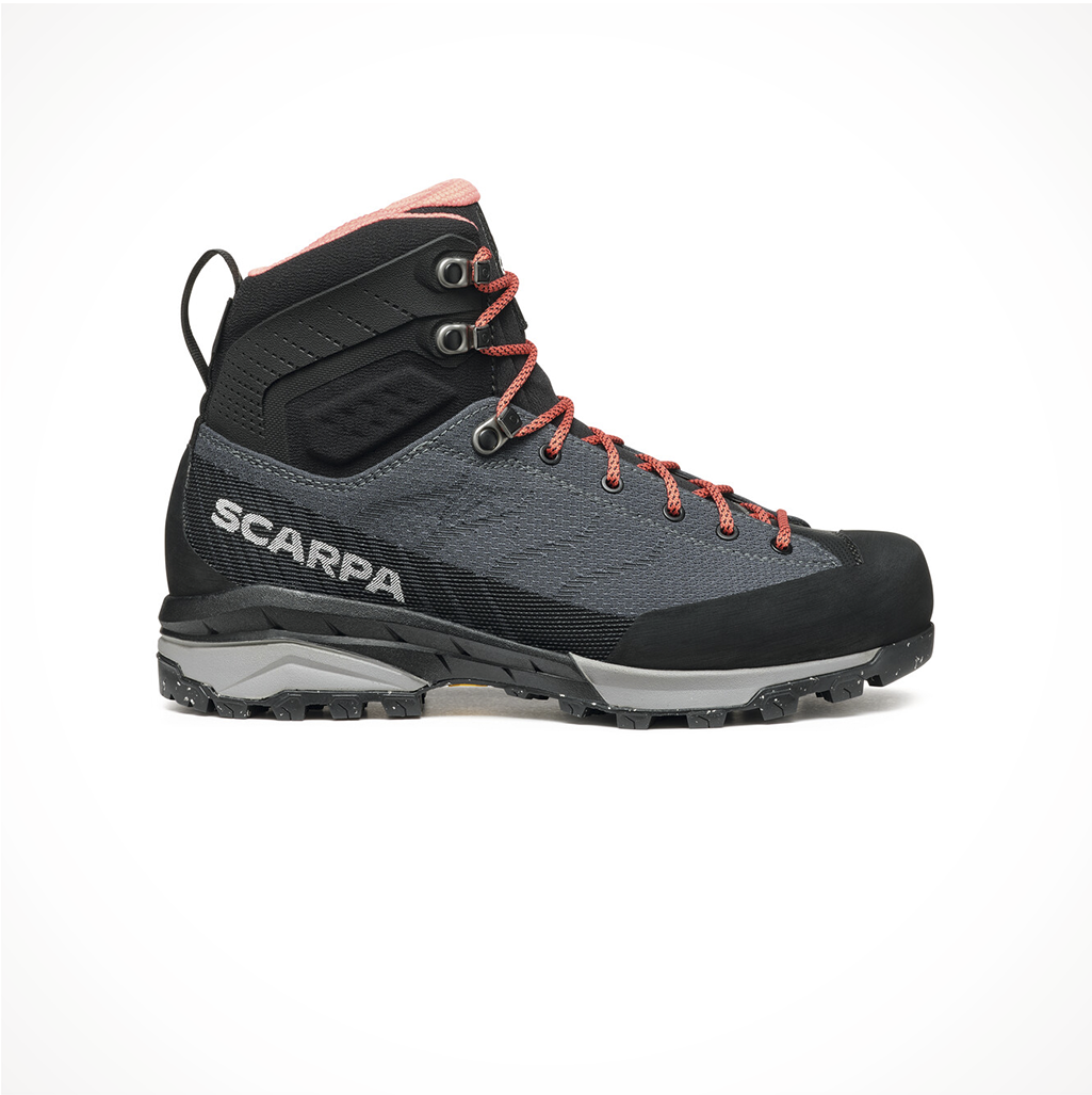 Product image: Footwear Scarpa Womens Mescalito TRK Planet GORE TEX Gray Coral, side profile view.