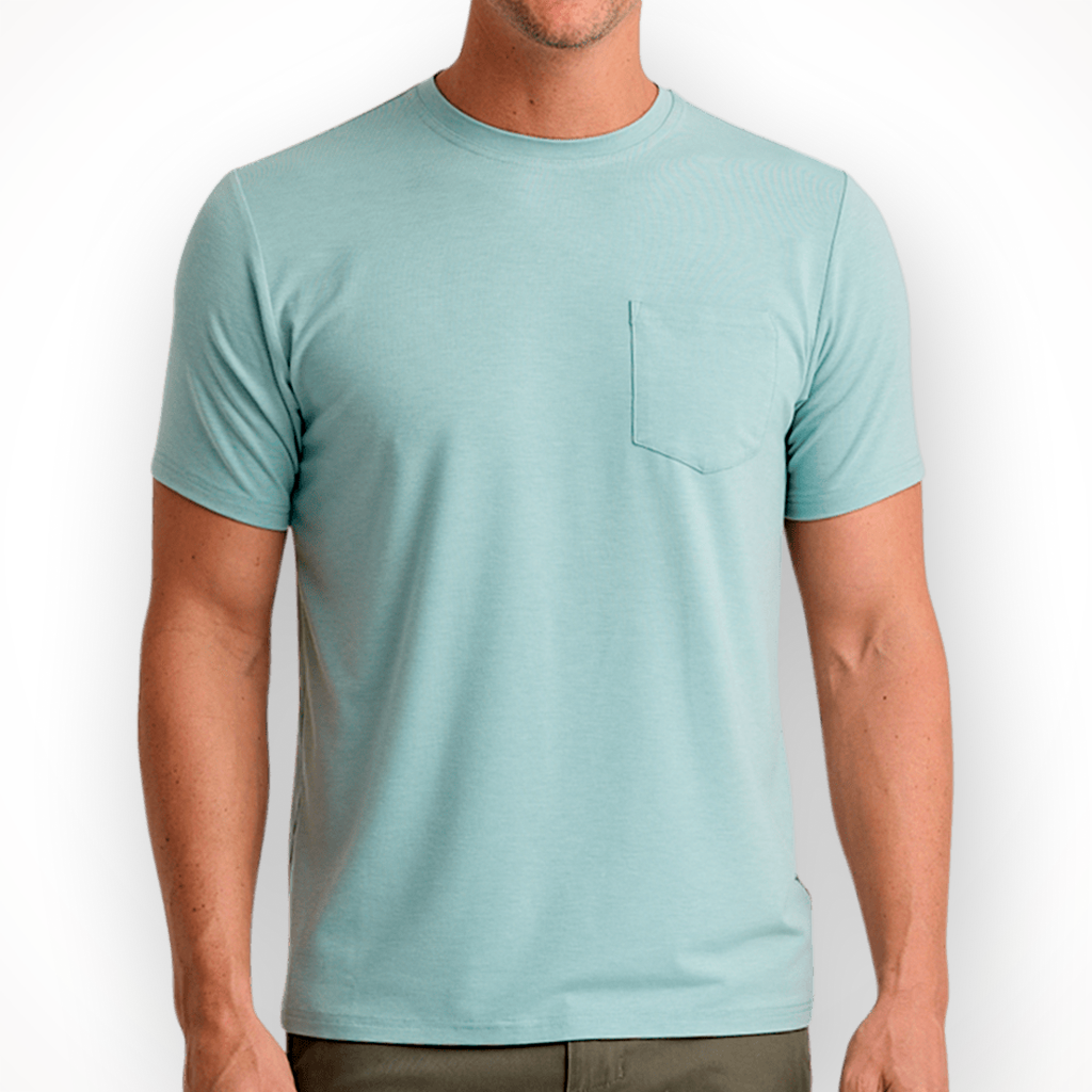 Product image: Free Fly Bamboo Flex Pocket Tee Heather Ocan Mist Mens 2026, shown in primary marketing view.
