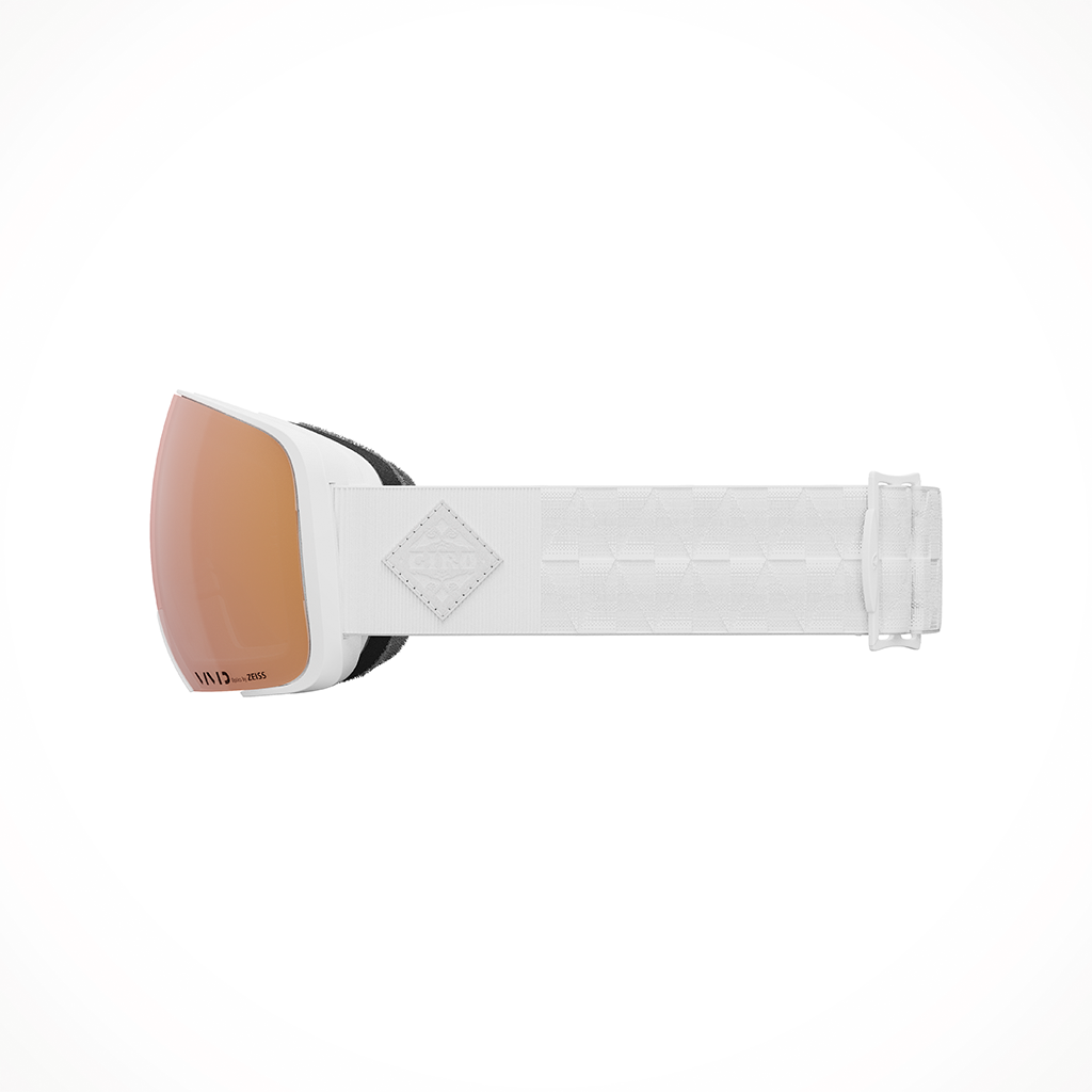 Product image: Giro Comp White Bliss Vivid Rose Gold Goggle 2025, shown from the left side profile.