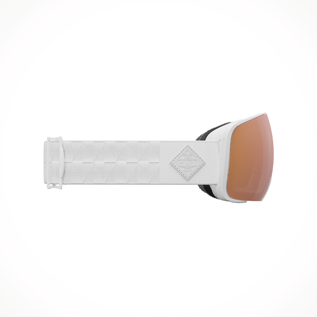 Product image: Giro Comp White Bliss Vivid Rose Gold Goggle 2025, shown from the right side profile.