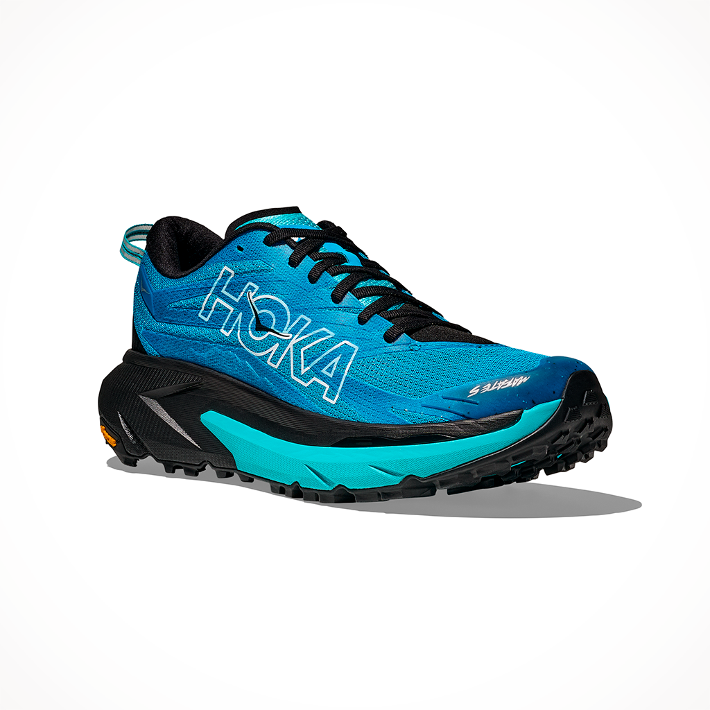 Product image: Hoka Mafate 5 Skyward Blue Black Mens 2025, shown from a three-quarter angled view.