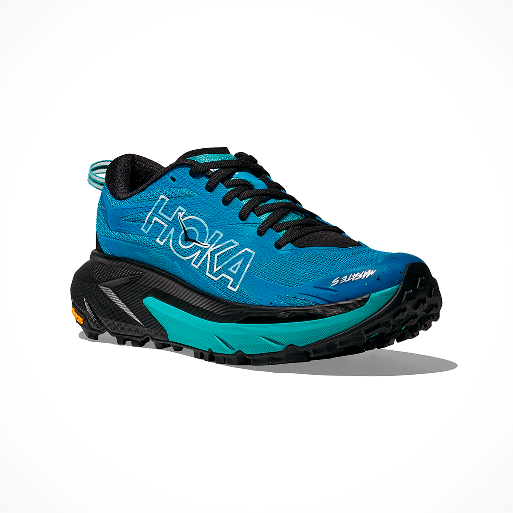 Product image: Hoka Mafate 5 Skyward Blue Black Womens 2025, shown from a three-quarter angled view.