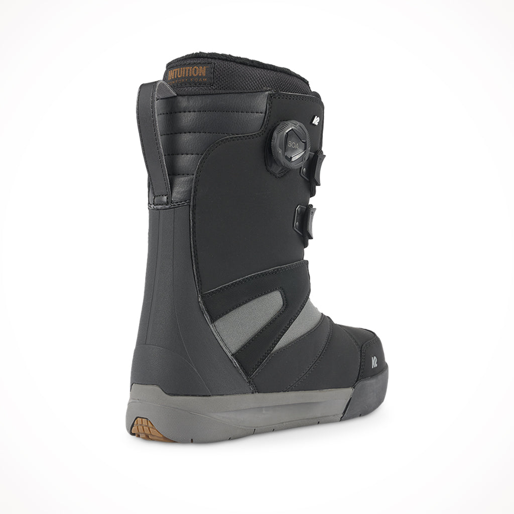 Product image: K2 Overdraft Black Mens Snowboard Boots 2024 Rear, side profile view.