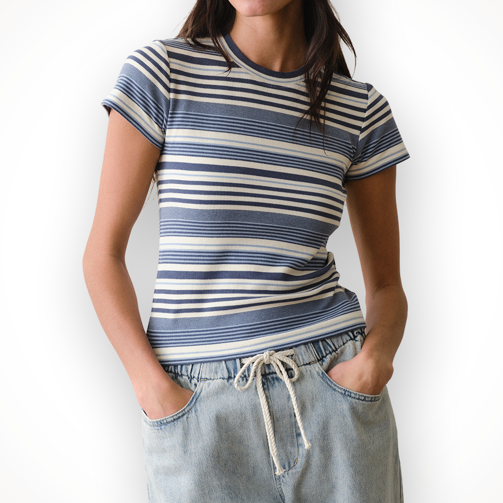 Product image: Marine Layer Lexi Rib Crew Tee Blue Stripe Womens 2026 Hero Copy.