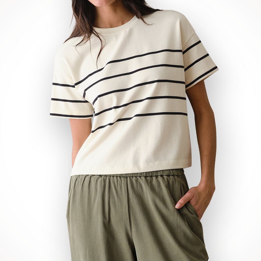 Product image: Marine Layer Luxe Sueded Crew Tee Black W Hite S Tripe Womens 2026, shown in primary marketing view.