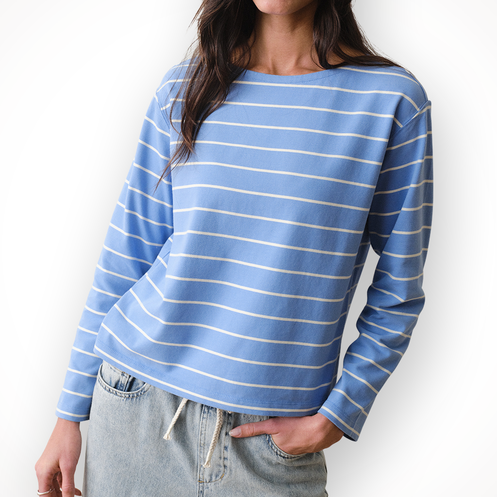 Product image: Marine Layer Luxe Sueded Mariner Tee Cobalt S Tripe Womens 2026, shown in primary marketing view.