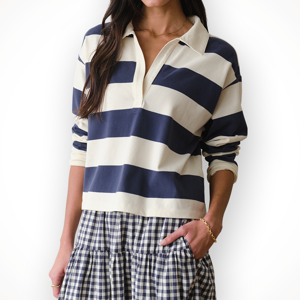 Product image: Marine Layer Luxe Sueded Polo Tee Navy S Tripe Womens 2026, shown in primary marketing view.