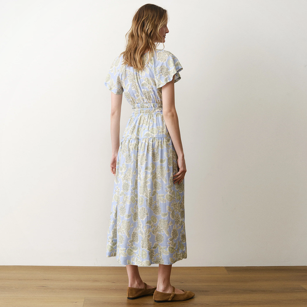 Product image: Marine Layer Skye Midi Dress Blue F Loral womens 2026, shown from the back.