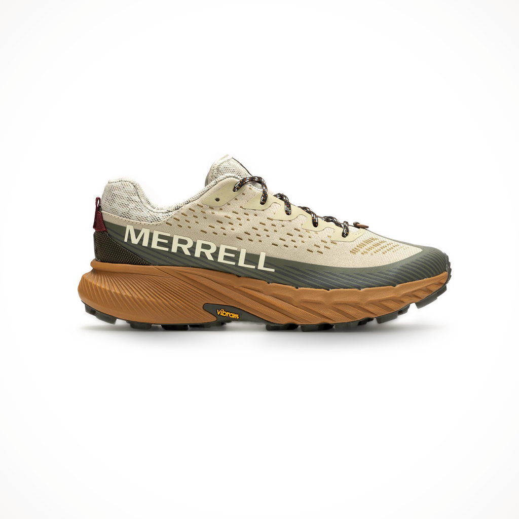Merrell men's Agility Peak 5 trail running shoe in oyster olive, shown in primary marketing view.