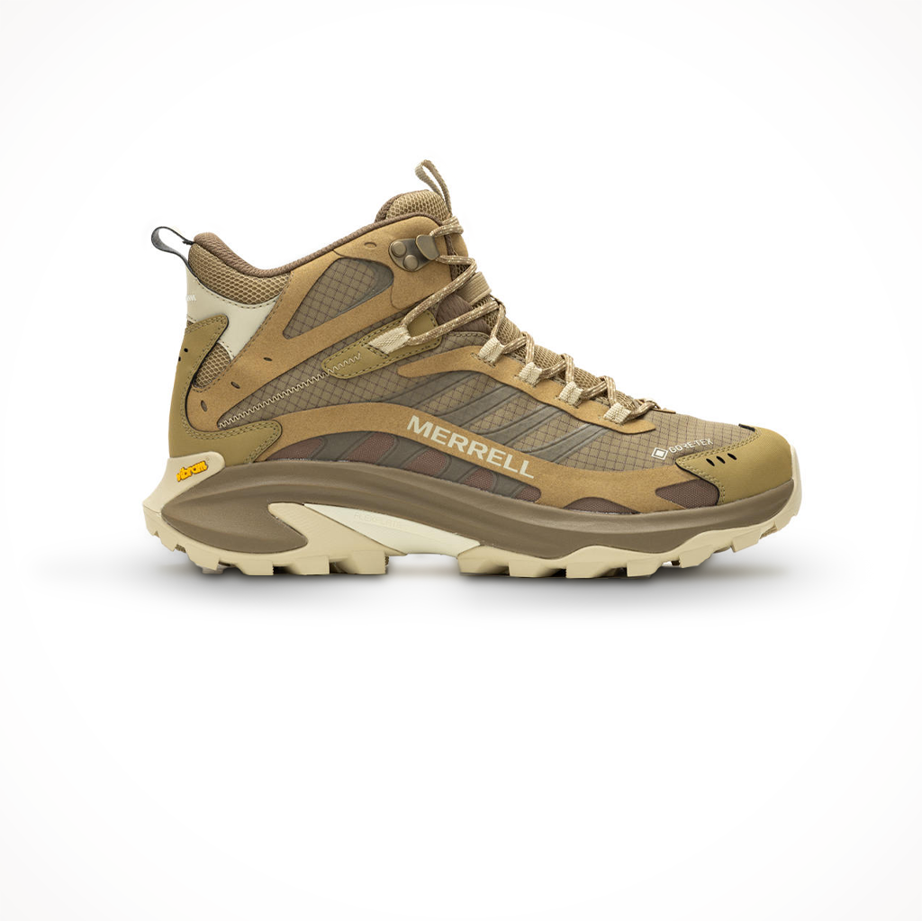 Merrell men's Moab Speed 2 Mid GTX waterproof hiking boot in coyote, shown in primary marketing view.