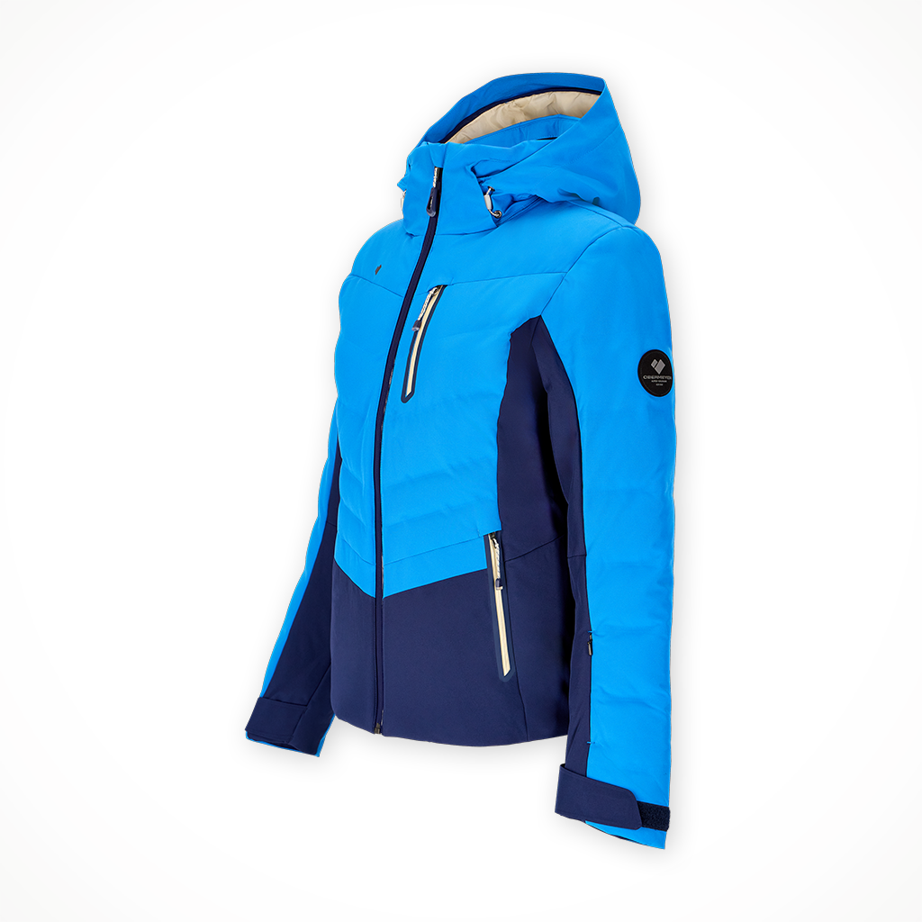 Product image: Obermeyer Cosima Down Jacket Bali Blue W Omens 2025, shown from a three-quarter angled view.