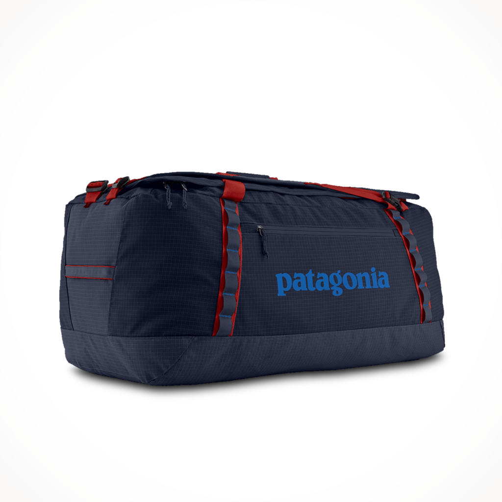 Product image: Patagonia Black Hole Duffel 100L Smolder Blue Amanita Red, shown in primary marketing view.