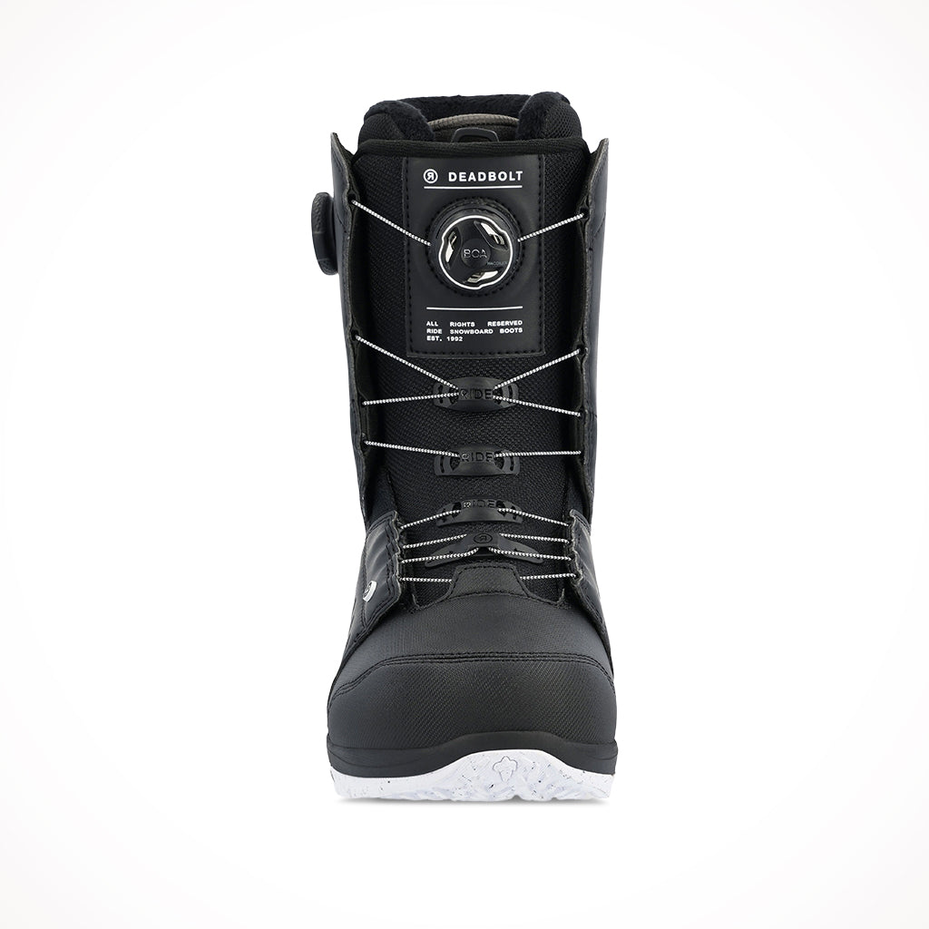 Product image: Ride Deadbolt Zonal Mens Black Snowboard Boots 2024, shown from the front.