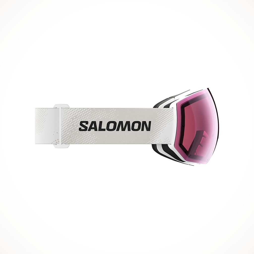 Product image: Salomon RADIUM PRO SIGMA White Silver Pink Extra Lens Goggle 2025, shown from the right side profile.