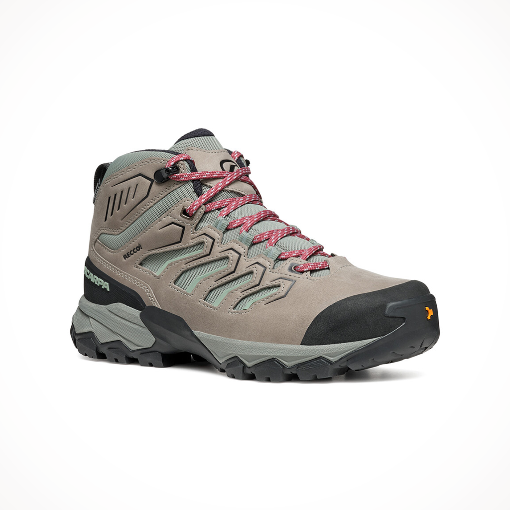 Product image: Scarpa Moraine Mid WP Mineral W Omens 2024, shown from a three-quarter angled view.