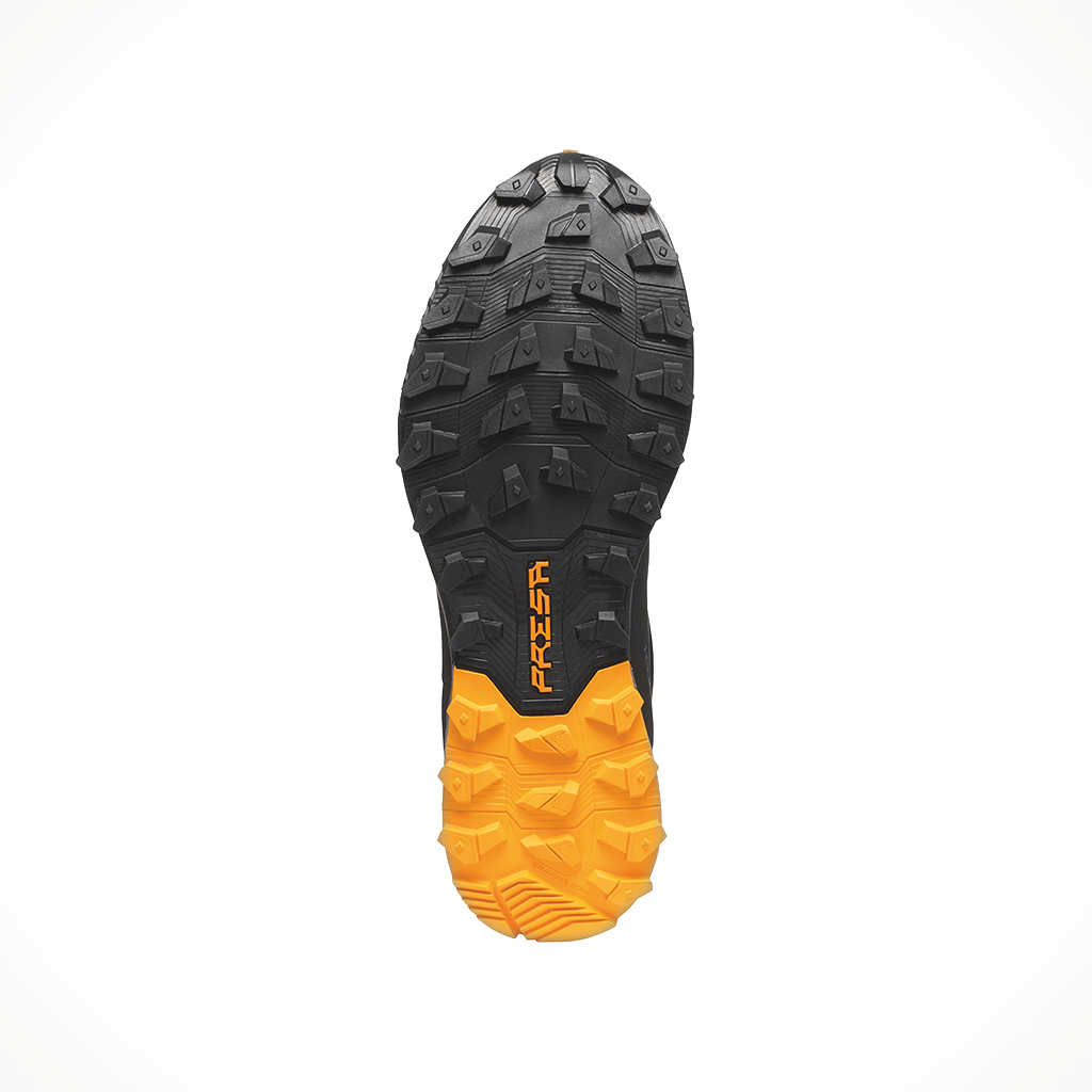 Product image: Scarpa RIBELLERUN 2 GTX Dark Gray Saffron Mens 2025, showing the bottom view.