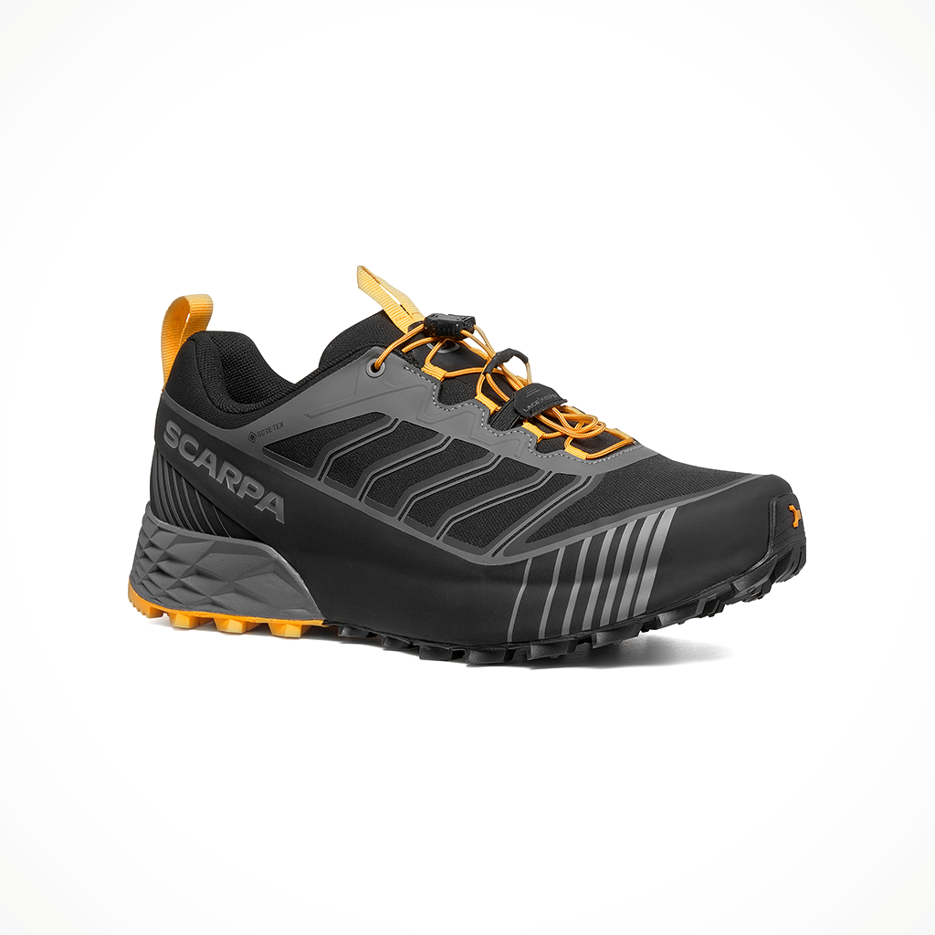 Product image: Scarpa RIBELLERUN 2 GTX Dark Gray Saffron Mens 2025, shown from a three-quarter angled view.
