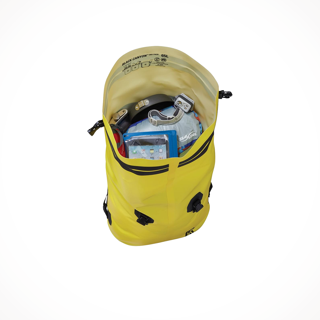 Product image: Sealine Black Canyon Dry Pack 65L Yellow open.