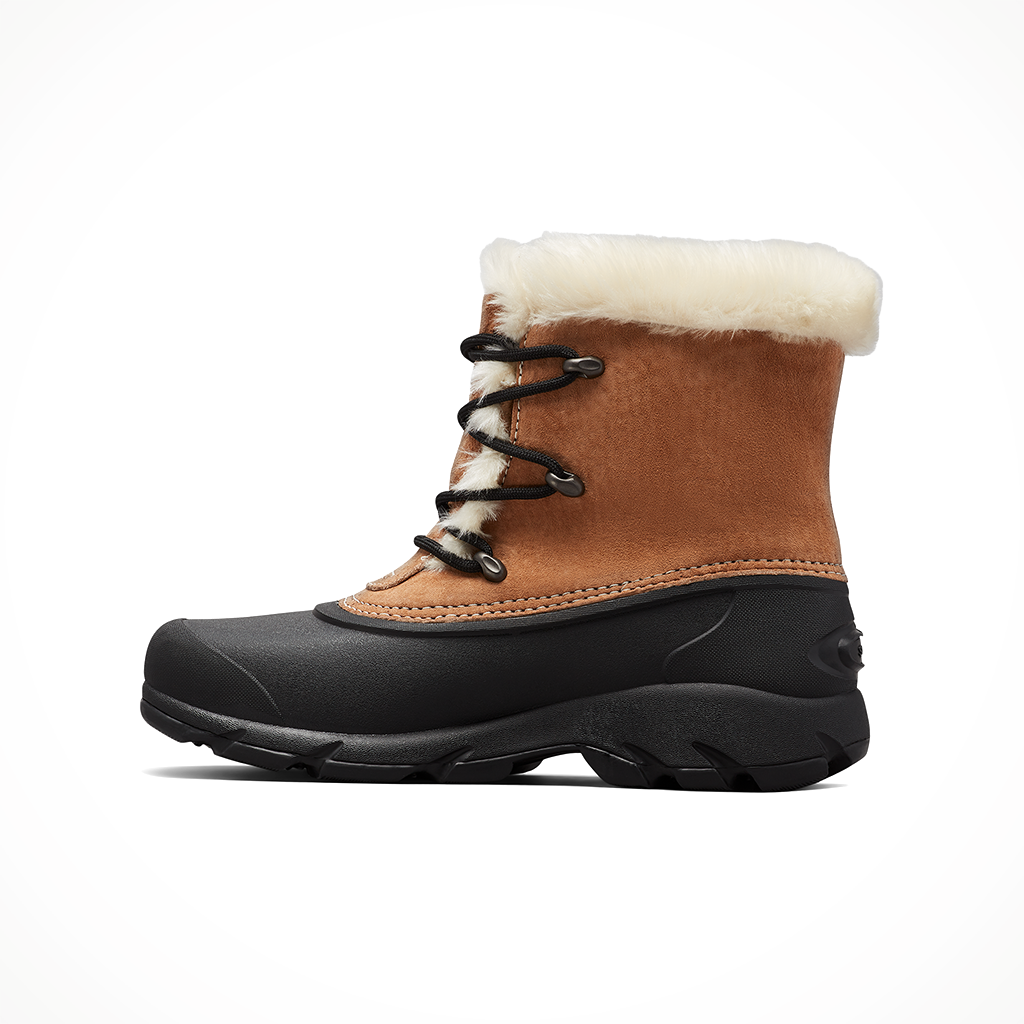 Product image: Sorel Snow Angel rootbeer womens 2025, shown from the left side profile.