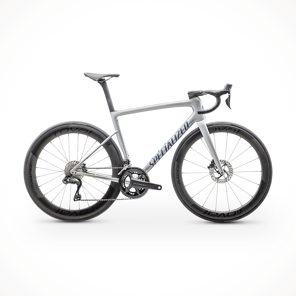 Product image: Specialized Tarmac SL8 Pro Gloss Liquid Silver Satin B Lue Pearl, shown in primary marketing view.