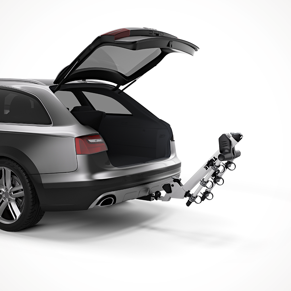 Product image: Thule Helium Pro 3 Bike Hitch Bike Rack On Car Trunk Open.