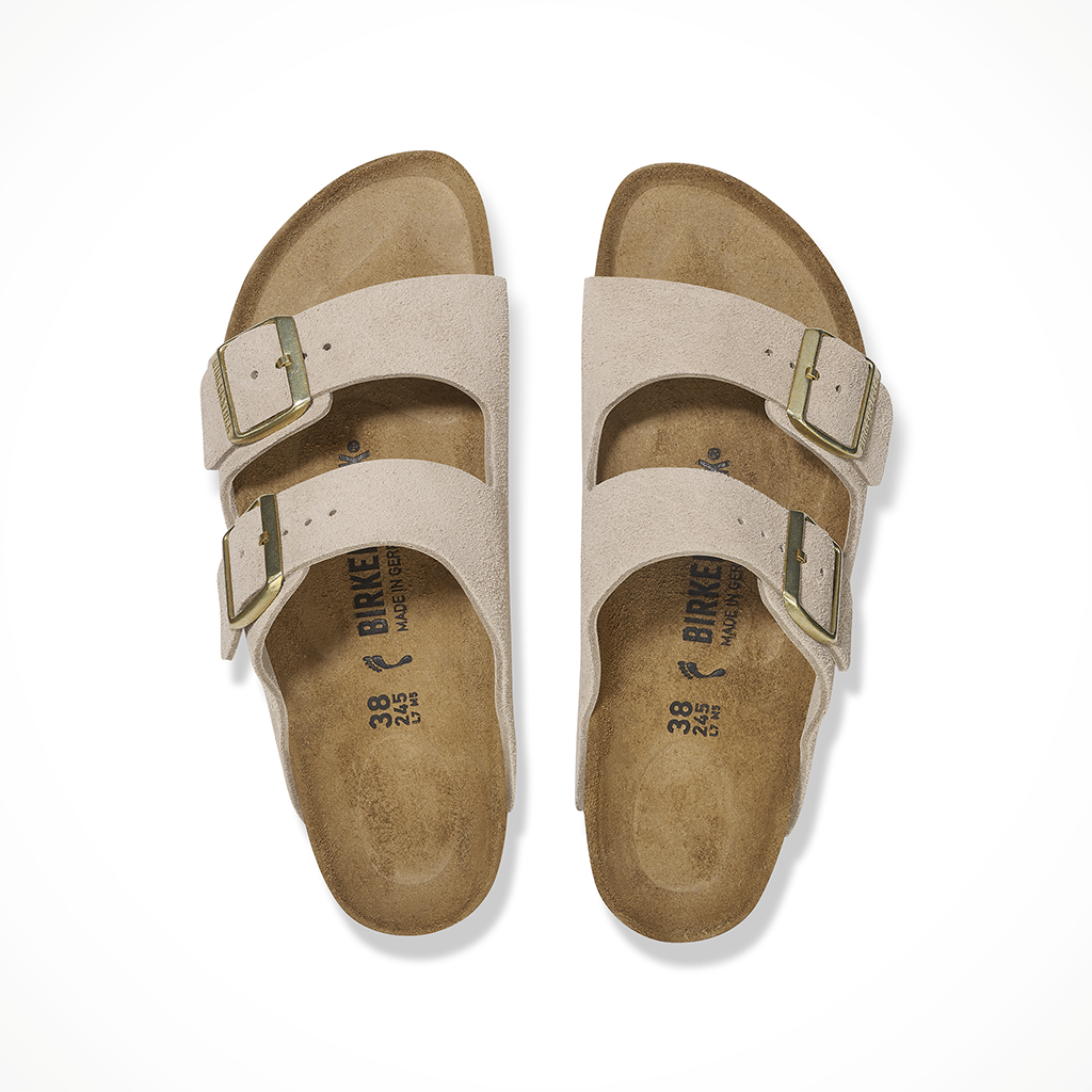 Product image: Birkenstock Arizona Suede Sandcastle Womens 2026, shown from above.