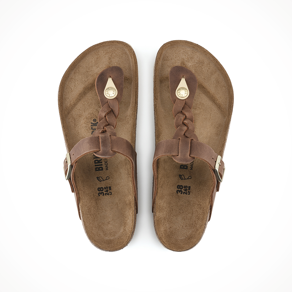 Product image: Birkenstock Gizeh Braided Leather Cognac Womens 2026, shown from above.