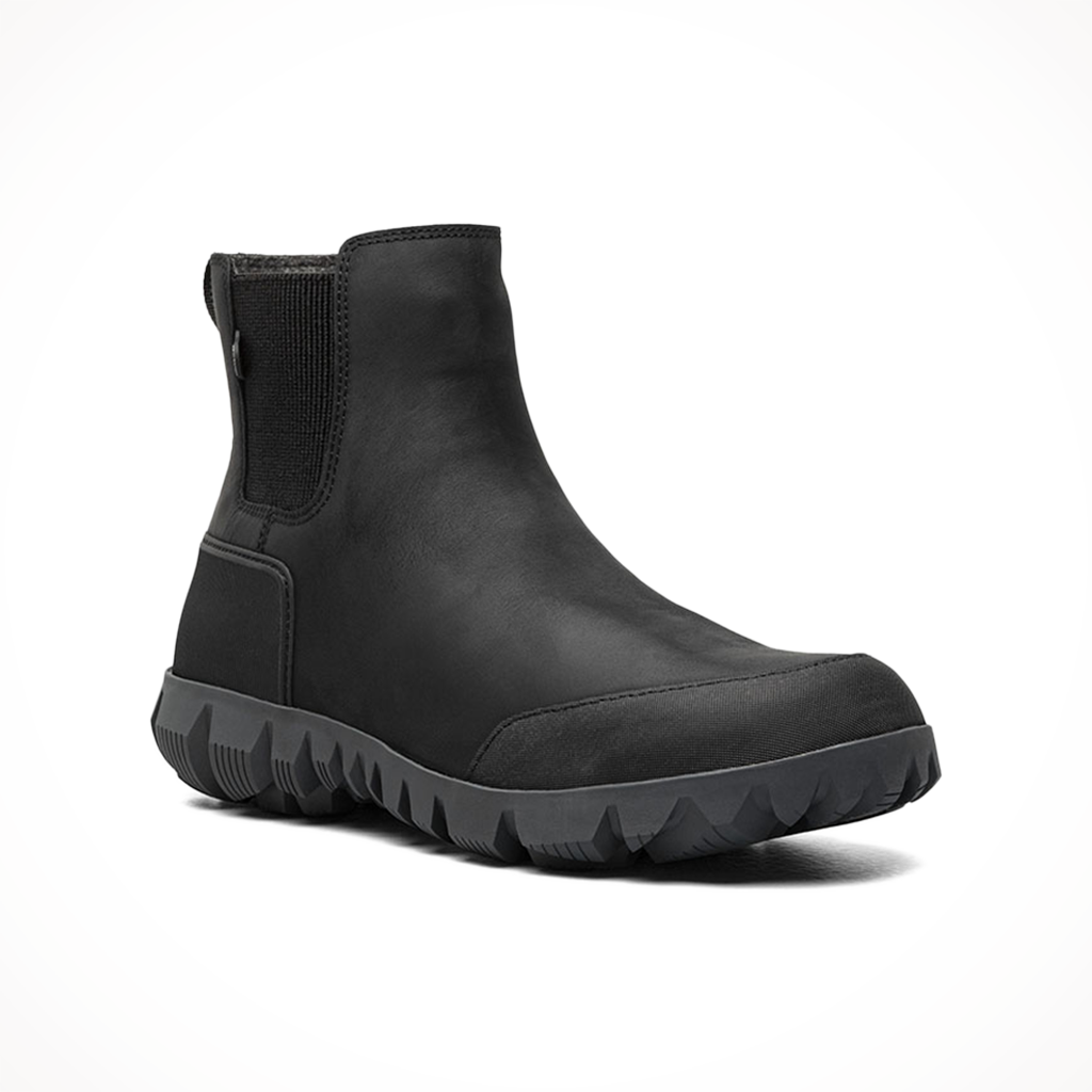 Product image: Bogs Arcata Urban Leather Chelsea Black Mens 2025, shown from a three-quarter angled view.