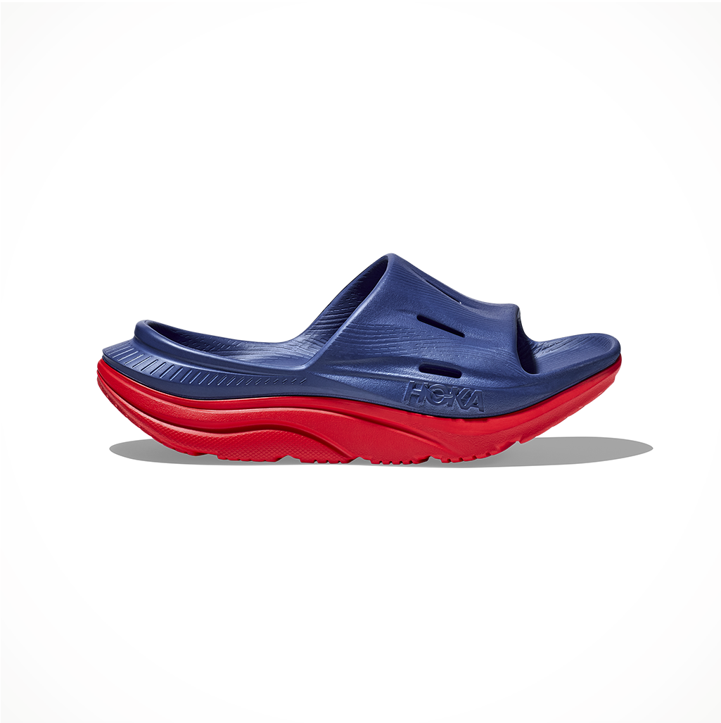 Footwear Hoka Unisex Ora Recovery Slide Bell Blue Red Alert Side