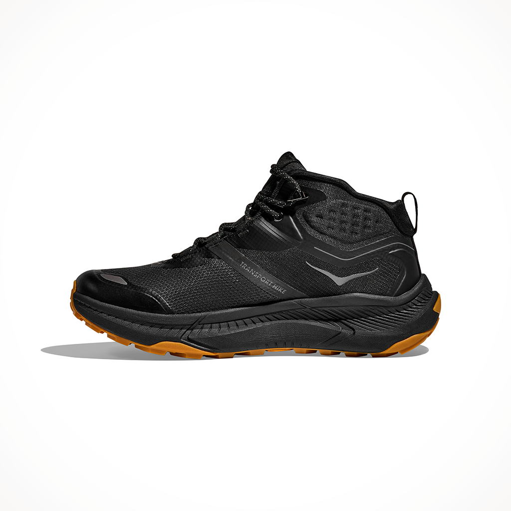 Product image: Hoka Transport Hike GTX Black Black Mens 2025, shown from the left side profile.