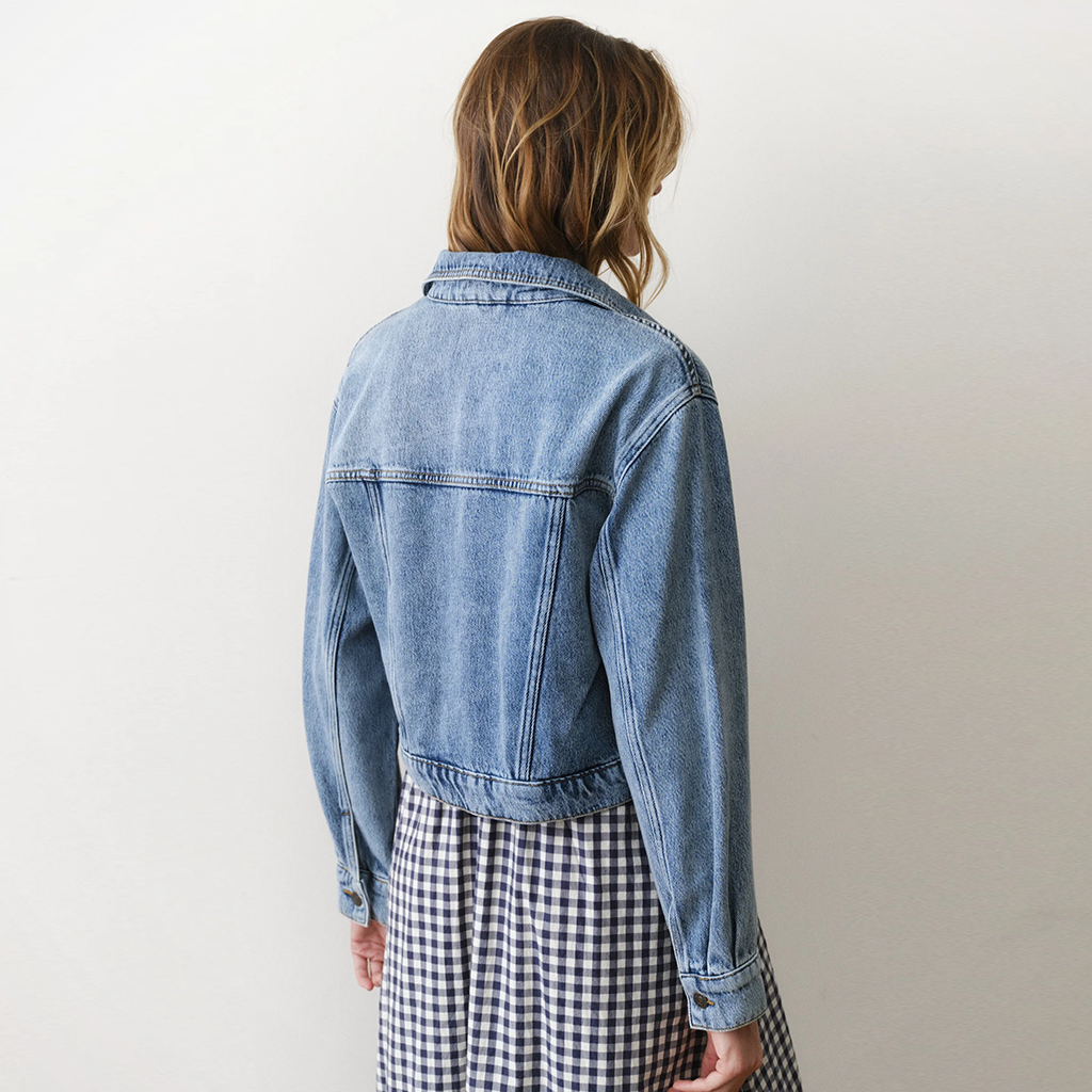 Product image: Marine Layer Ash Cropped Denim Jacket medium Wash womens 2026, shown from the back.