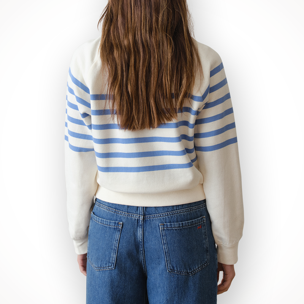 Product image: Marine Layer Cloud 9 F Leece Crewneck antique W Hite Blue Stripe Womens 2026, shown from the back.