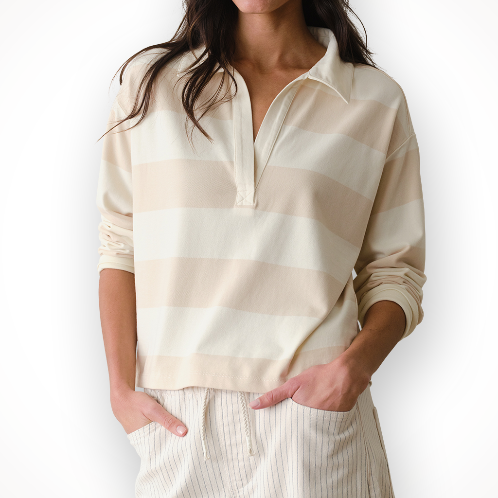 Product image: Marne Layer Luxe Sueded Polo Tee Cream Stripe Womens 2026, shown in primary marketing view.