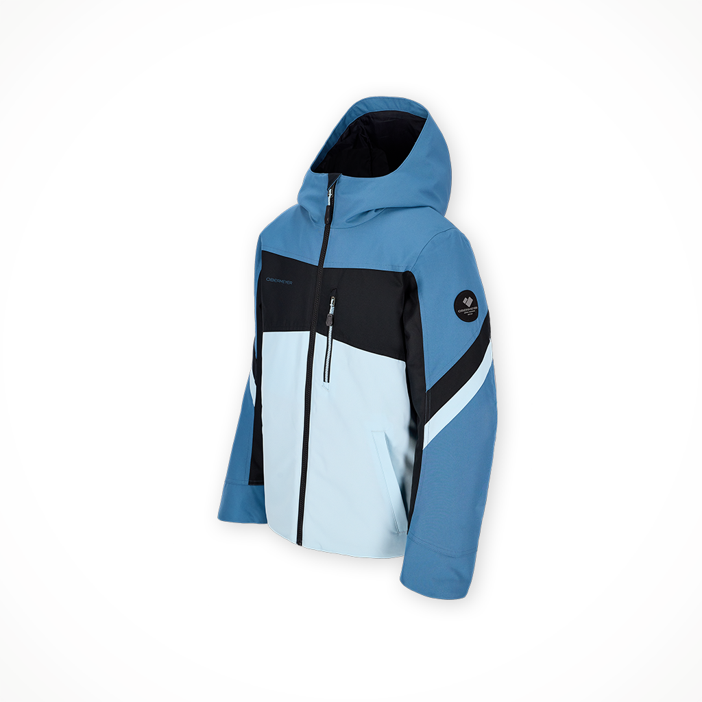 Product image: Obermeyer Fleet Jacket Indy Blue kids 2025, shown from a three-quarter angled view.