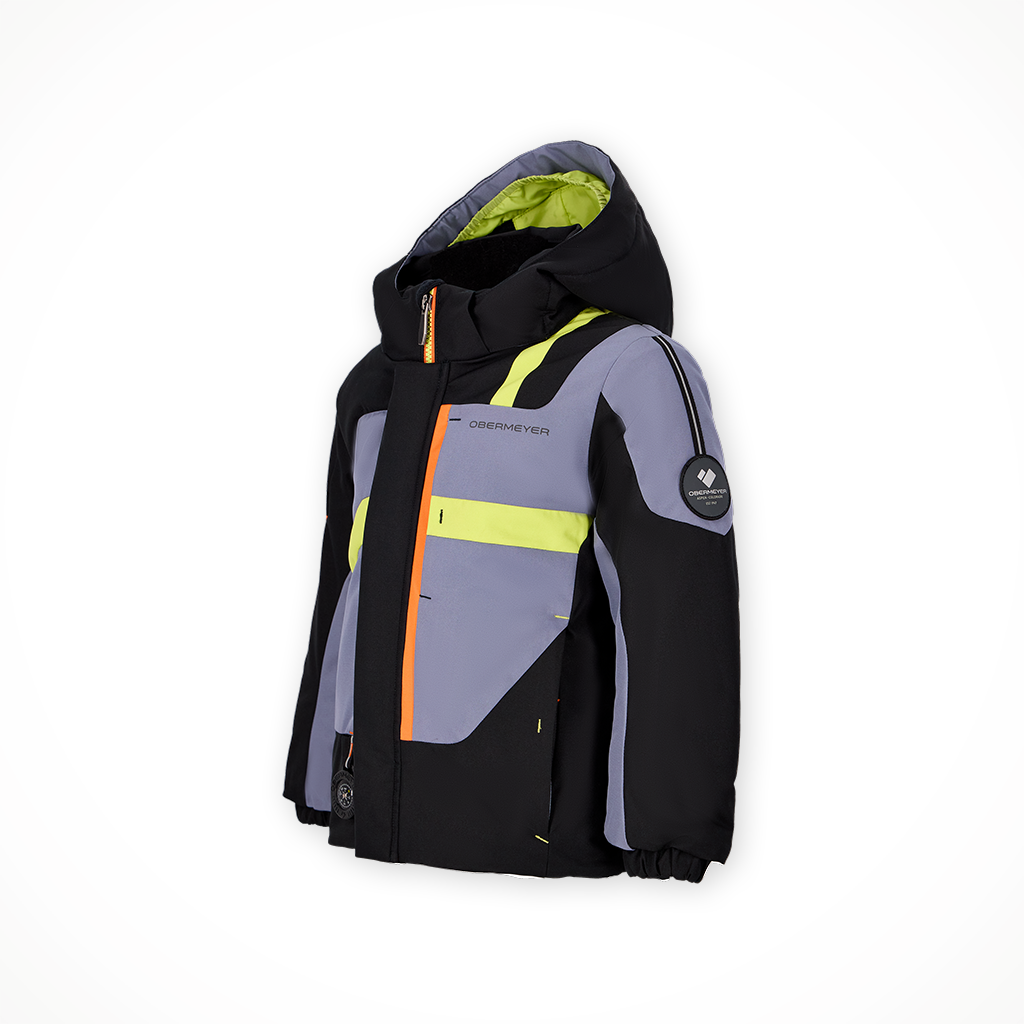 Product image: Obermeyer Super G Jacket Steel kids 2025, shown from a three-quarter angled view.