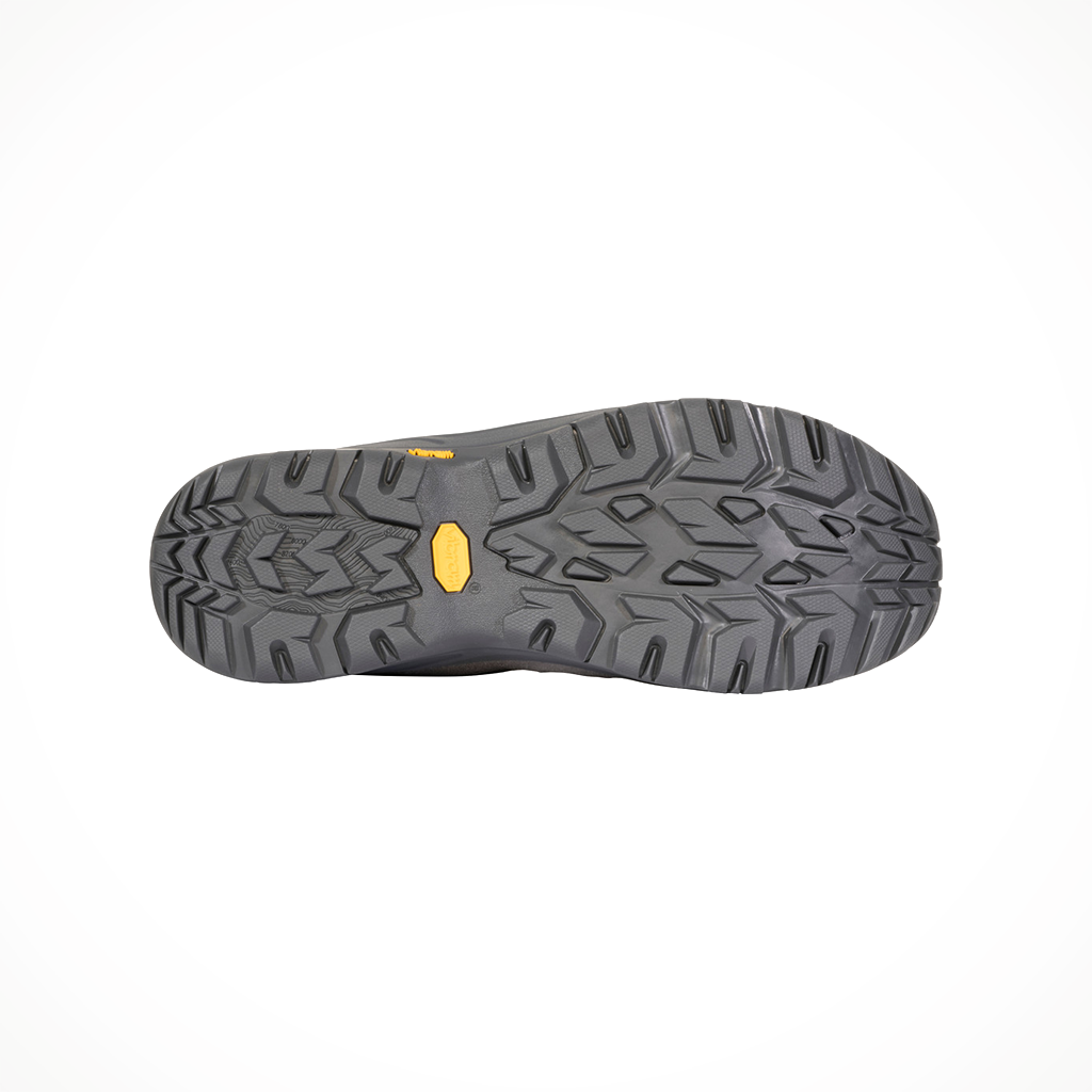Product image: Oboz Sawtooth Ascent Low WP Charcoal mens 2025, showing the bottom view.