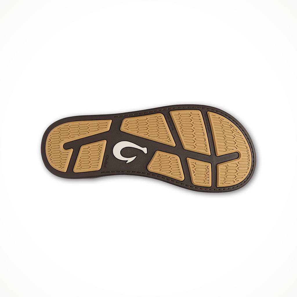 Product image: Olukai Tuahine Palm Dark Java Golden Sand Mens 2026, showing the bottom view.